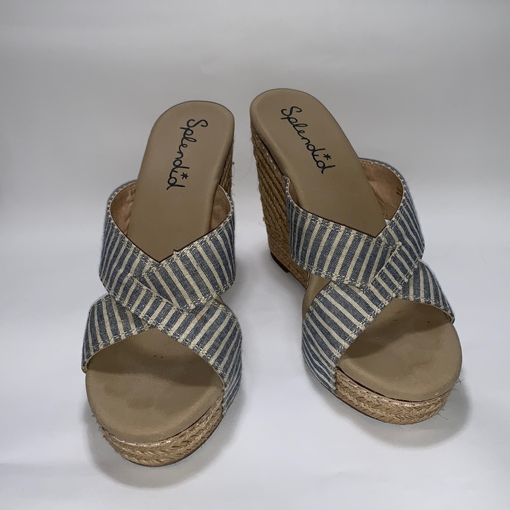 Splendid Striped Blue & White Canvas Espadrille Wedge Sandals Size 8